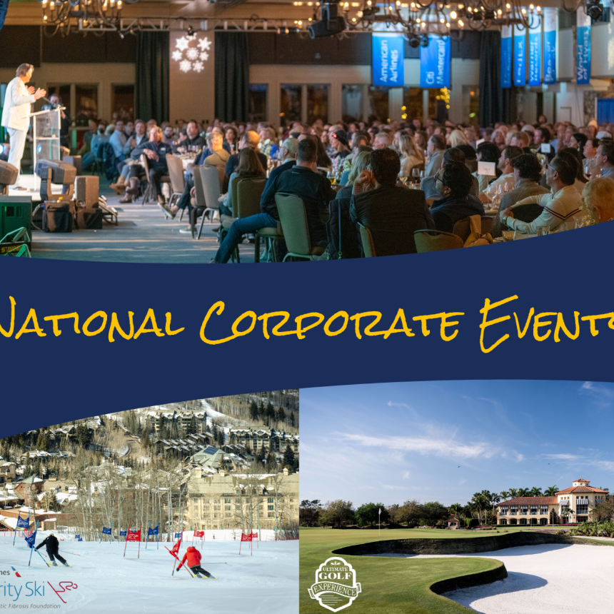 Collage of corporate events, including an audience, people skiing, and a golf course.