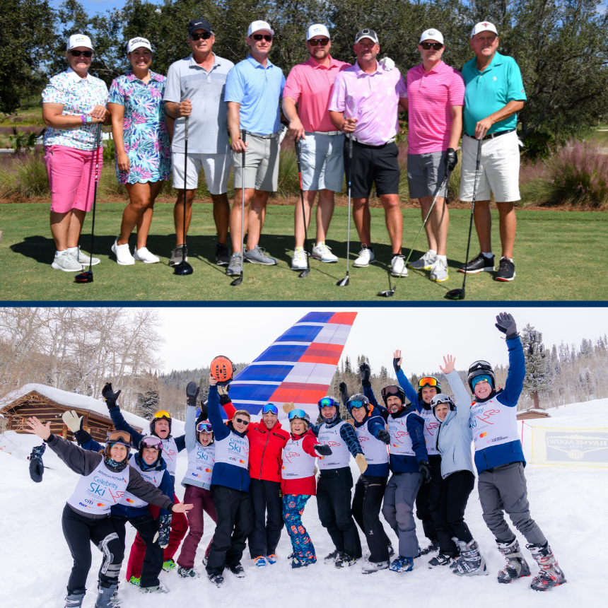 Collage of corporate events, including people skiing and on a golf course.
