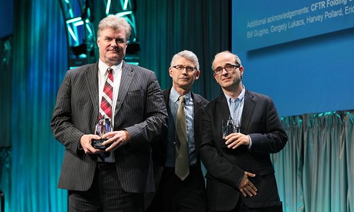 William R. Skach, M.D., presented the Paul di Sant’Agnese Distinguished Scientific Achievement Award to Philip J. Thomas, Ph.D., and Gergely L. Lukacs, M.D., Ph.D. (From left to right, Thomas, Skach, and Lukacs)