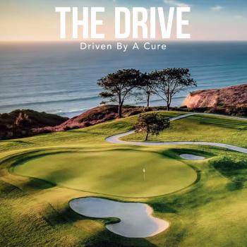 This is a photo of a gold course, with an illustration of golf clubs in the top left corner and the words, "The Drive: Driven by a Cure" written across the top.