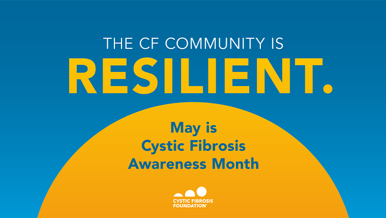 Blue background with yellow half circle in bottom center. Text reads, "The CF Community is Resilient. May is Cystic Fibrosis Awareness Month."